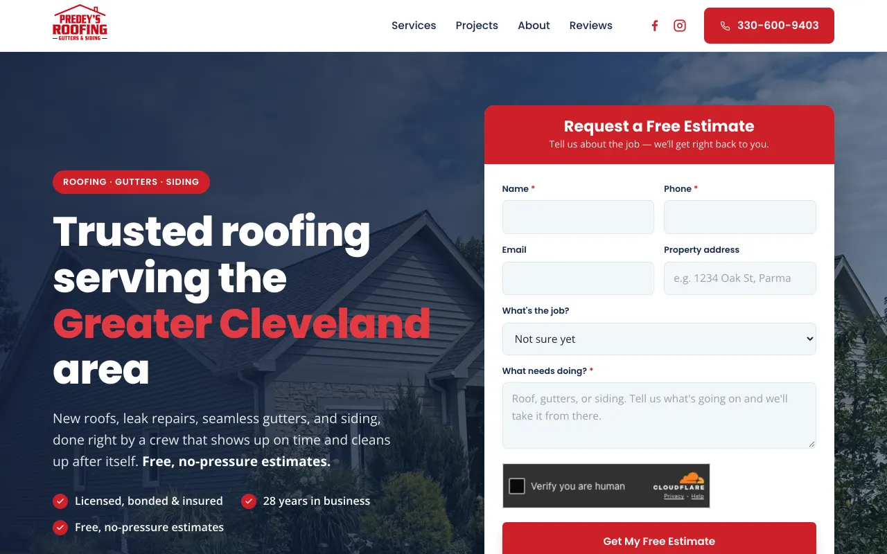 Homepage of Predey's Roofing